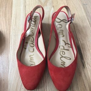 Red suede pumps with adjustable strap, 1.5 “ heel